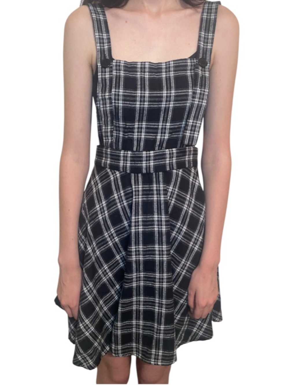 SHEIN Black & White Plaid Square-Neck Fit-and-Flare Jumper Dress size XS